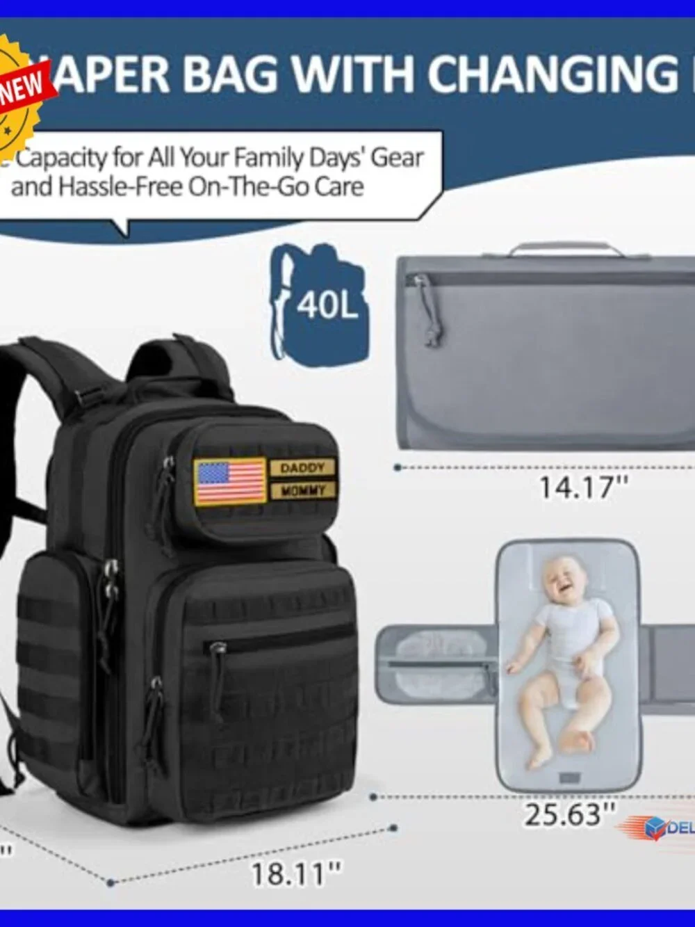 40L Military Tactical Diaper Backpack with Insulated Pockets Changing Pad